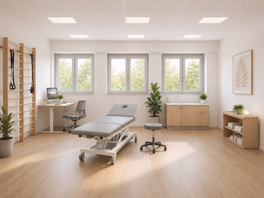 Heller Therapieraum im Therapiezentrum Pro mit Behandlungsliege, Sprossenwand, Schreibtisch und Pflanzen