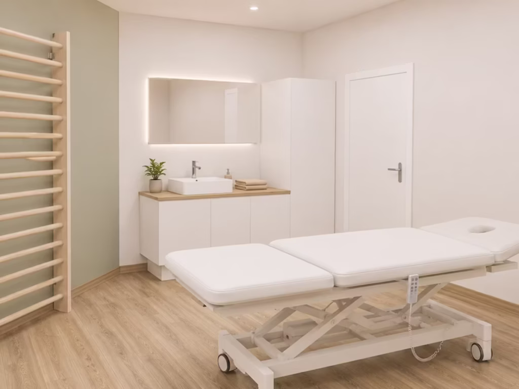 Moderner Therapieraum im Therapiezentrum Pro mit elektrischer Behandlungsliege, Waschbecken und Sprossenwand