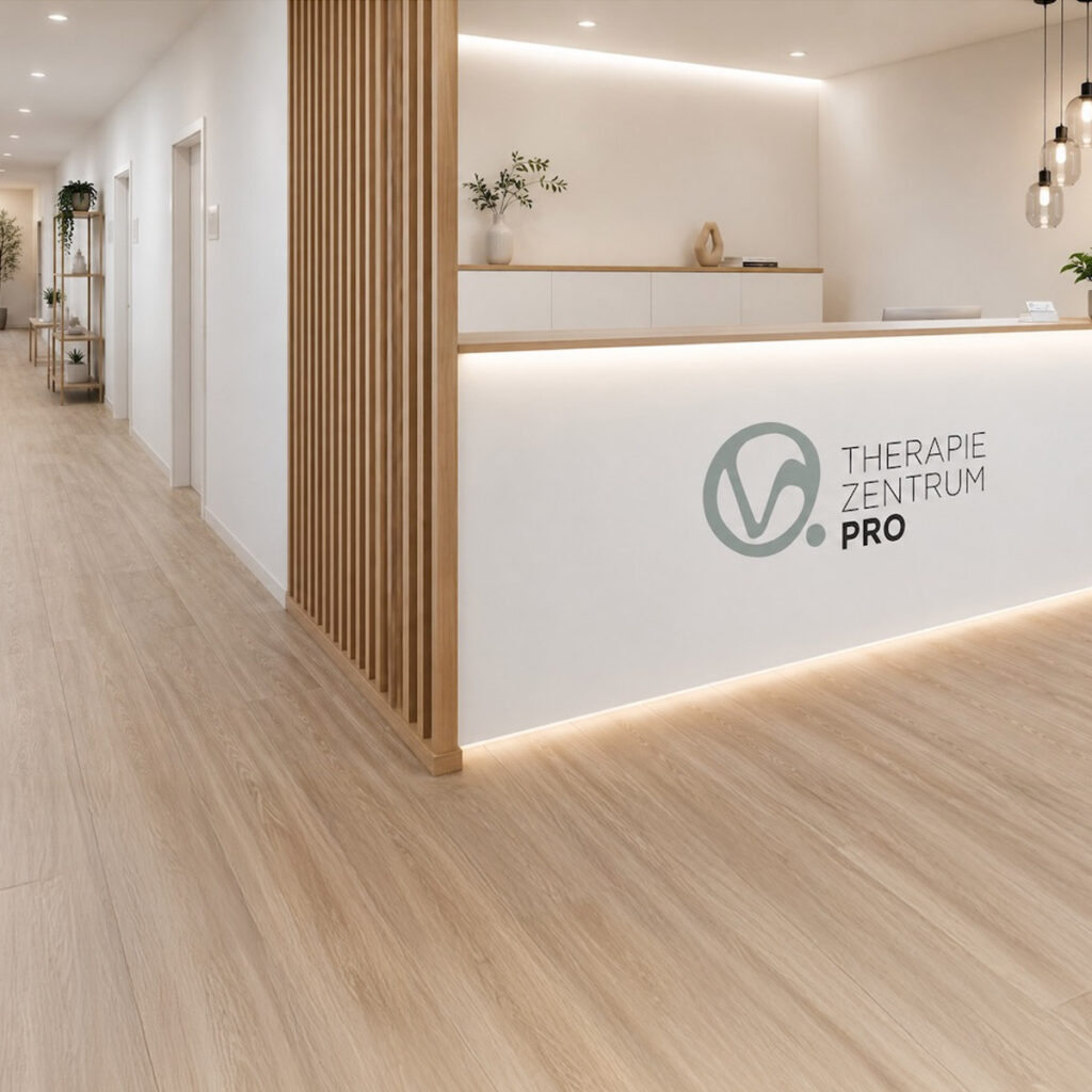 Empfangsbereich im Therapiezentrum Pro mit hellem Holzboden, modernem Tresen und Logo