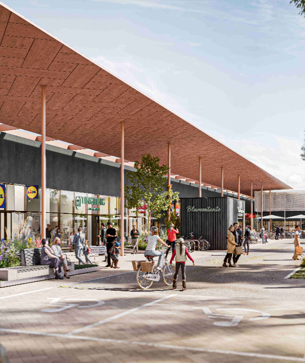 Modernes Einkaufszentrum in Linz mit großem Vordach, Lidl-Filiale und belebter Fußgängerzone mit Radfahrern und Besuchern